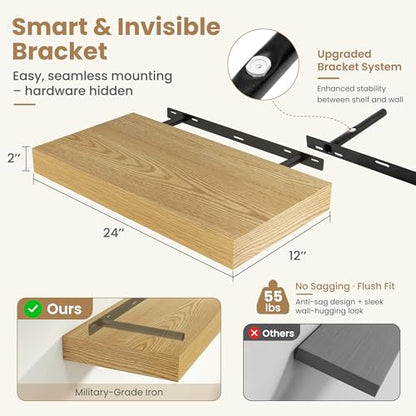 24 Inch Long Floating Shelves for Wall Set of 2, 12"D Wood Grain Shelves - color: Oak, size: 24"Wx12"Dx2"H, 2P