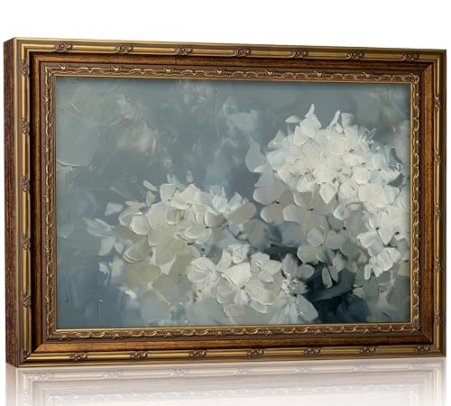 Vintage Gold Framed 3D Texture Blue Hydrangea Wall Art Retro White Hydrangea Canvas Prints Painting Vintage White Watercolor Floral Painting Wall Decor for Living Roombedroom farmhouse Home Decor - color: 3D Blue Hydrangea, size: 11"L x 9"W