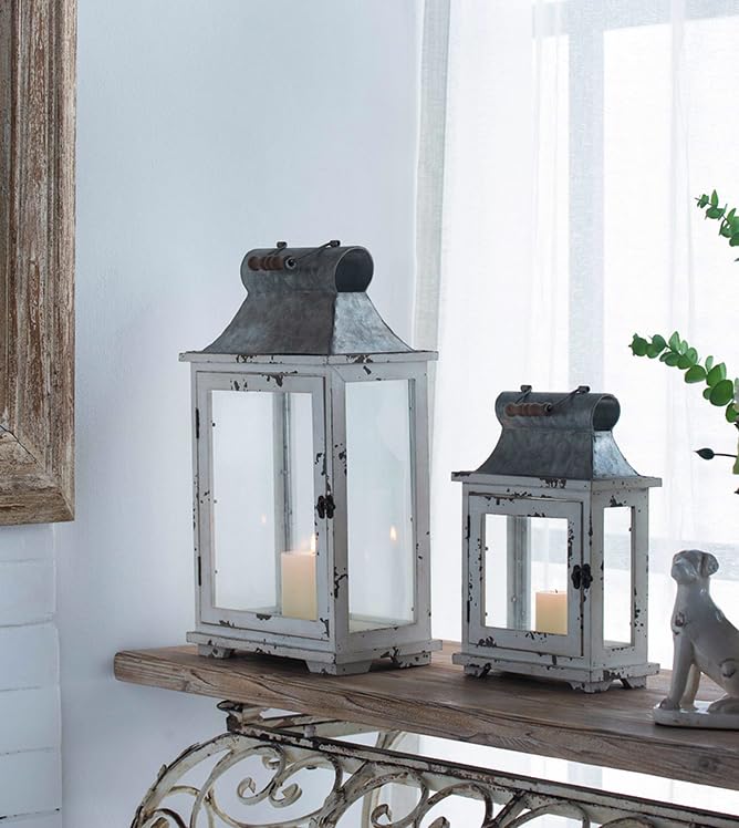 Rustic Wooden Candle Lanterns - Set of Two, Decorative Hurricane Lantern Holders for Indoor Outdoor Use - Home, Garden, Wedding Decor
