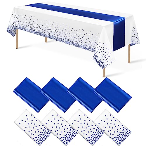 8Pack Disposable Plastic Tablecloths and Satin Table Runner White and Royal Blue Dot Tablecloth Blue Satin Table Runner for Wedding Birthday Baby Shower Anniversary Christmas New Year Party Supplies - color: White and Blue, size: 8 Pack