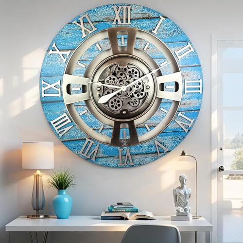 ImprovingLife The Gears Clock Real Moving Gear Wall Clock England Line (Ocean Blue, 24 inches (60 cm)) - color: Ocean Blue, size: 24 inches (60 cm)