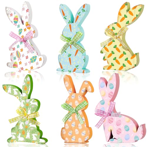 Thinkday 6 Pcs Easter Bunny Wooden Signs Rabbit Spring Table Signs for Home Office Table Wood Bunny Easter Decorations Sign with Ribbons for Tiered Tray Mantel Shelf, Farmhouse Party Supplies