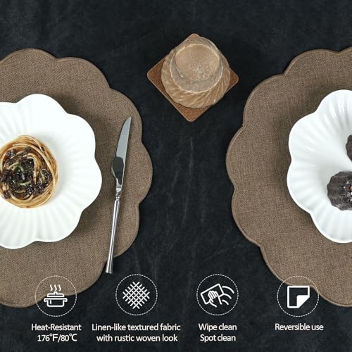 AHHFSMEI Round Scalloped Placemats Set of 6 15 Inch Faux Linen - color: Brown