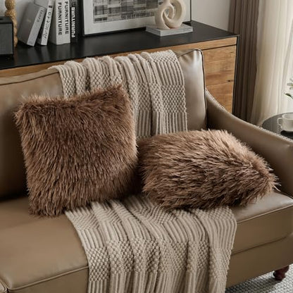 FUTEI Pack of 2 Faux Wool Throw Pillow Covers 18x18 Inch, Dark Brown - color: Dark Brown