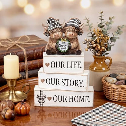 Yousoontic 4 Pcs Sweet Home Highland Cow Figurines, Rustic Farmhouse Decor - style: Home