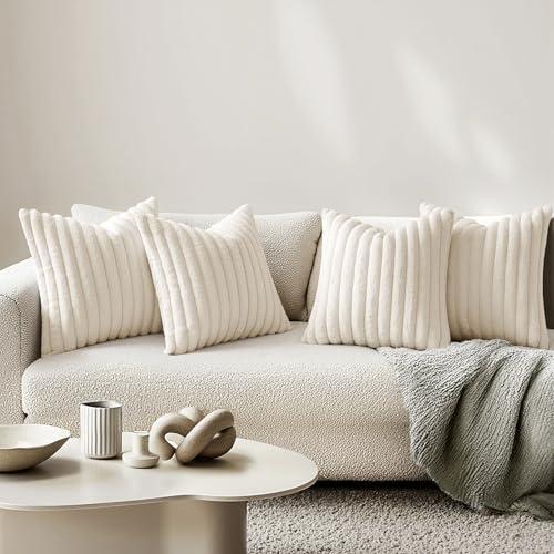 MIULEE Faux Fur Plush Decorative Throw Pillow Covers 18x18, Cream White - color: Cream White, size: 18" x 18" (Pack of 4)