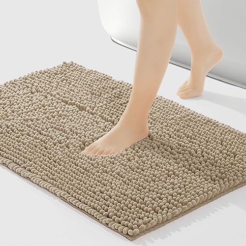 FRESHMINT Large Chenille Bathroom Rugs Mat 36"x24", Non-Slip Bath Mat for Bathroom Floor & BathTub, Washable Shower Shag Bath Rugs, Soft Fluffy Thick Water Absorbent Microfiber Shower Mat, Light Brown - color: Light Brown, size: 2' x 3' (Rectangular)