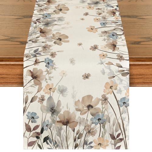 Artoid Mode Brown Poppy Flowers Floral Blossom Summer Table Runner, Fall Kitchen Dining Table Decoration for Home Party Decor 13x72 Inch - size: 13" x 72", Table Runner
