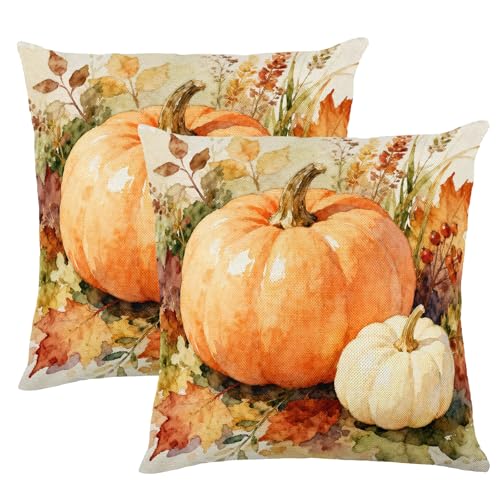 Big & Small Orange White Pumpkins Wild Grass Red Berry Watercolor Throw Pillow Cover 18x18 Inch Set of 2, Rustic Autumn Fall Farmhouse Linen Cushion Case, Thanksgiving Indoor Home Decor Pillow Cover - color: Orange, Cream, Green, Red