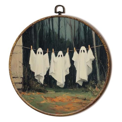 FSTCSV Vintage Ghost Laundry Room Round Wall Art Framed, Fall Halloween Ghost Canvas Prints Wall Hanging Art, Rustic Farmhouse Spooky Ghosts Circle Walls Decor for Home Bedroom Laundry Room, 10x10in - color: color-7