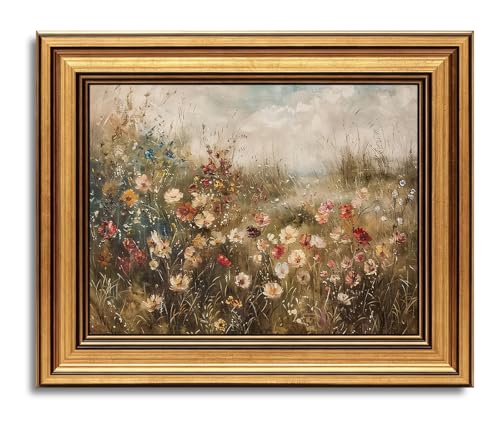 vineolect Vintage Gold Framed Wall Art Wildflower Landscape Painting Floral Cottagecore Nature Country Picture Wall Decor Aesthetic Artwork for Living Room Bedroom Kitchen Bathroom 9''x11'' - color: Colorful Wildflower Field, size: 11"L x 9"W