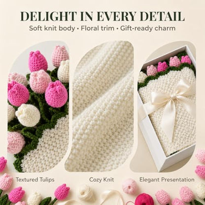Tulip Crochet Flower Bouquet Blanket, Handmade Knitted Throw Blanket - color: Pink Tulip, size: Large