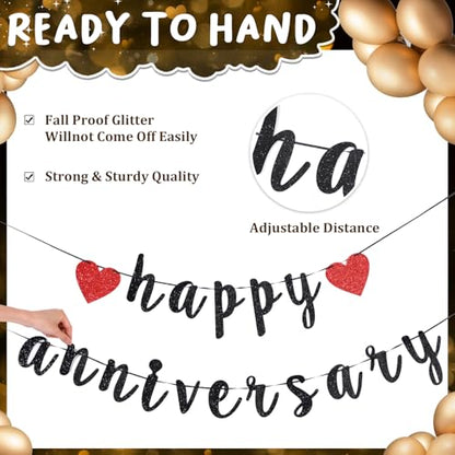 Retisee Red Anniversary Decorations Happy Anniversary Banner Sign Romantic Feliz Aniversario Party Decoration Glitter Banner with 24pcs LED Candles 2000pcs Rose Petals for Home Party Night Wedding