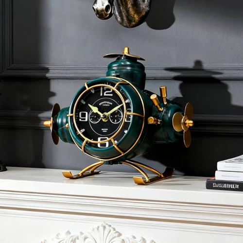 Airplane Large Desk Clock,Analog Table Clock,Vintage Aviation Home Decor, Pilot Gifts for Men,Shelf Clock for Office bedroom Living Room,Silent No Ticking,battery operated,Green,8.6 x 8.4 x 7.5 inches