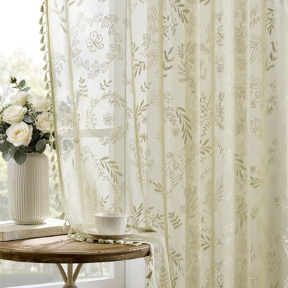Kotile Natural Beige Sheer Curtains 54 Inch Length, Boho Lace Panels - color: Beige, size: 52"W x 54"L (Pack of 2)