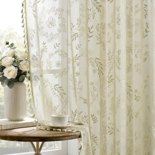 Kotile Natural Beige Sheer Curtains 72 Inches Long, Boho Floral Lace Panels - color: Beige, size: 52"W x 72"L (Pack of 2)