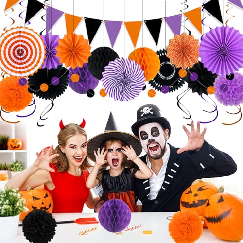 26 Pcs Halloween Party Decorations Kit, Paper Fans Pom Poms Banner 8-16 in - color: Purple