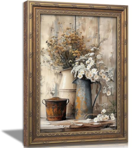 Vintage Gold Framed Wildflower Wall Art, Vase Daisy Flower Wall Decor - color: Two flowers, size: 9"L x 11"W