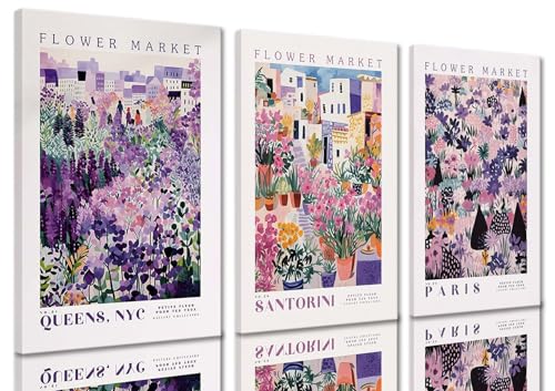 XLARTMY Flower Market Wall Art Prints Canvas Purple and Pink Floral Paintings Colorful Botanical Travel Flower Posters for Home Decor Pictures Set of 3 for Living Room Bedroom 12x16in - color: Flower Market PUrple, size: 12x16in Canvas