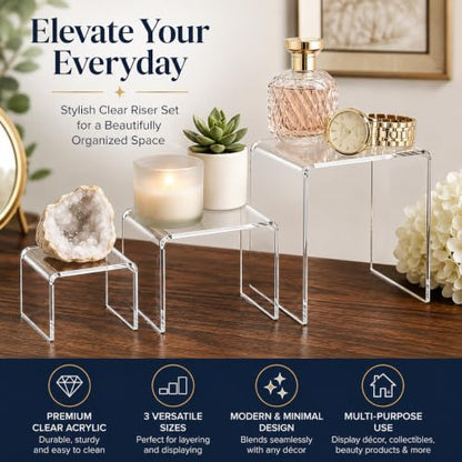 Clear Acrylic Display Risers Set of 3, Assorted 4 5 6 Inch Retail Pedestals, Transparent Tabletop Stands for Jewelry, Figurines, Crafts, Collectibles, Store Fixtures, Dessert Table and Product Displays