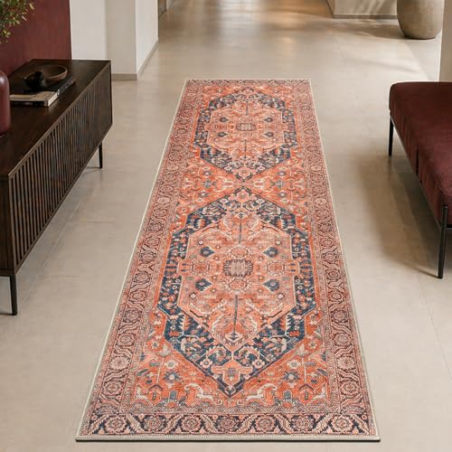 Keen Home Design Vintage Washable Runner Rug, Non-Slip Low Pile, 2x7 - color: Orange/Blue, size: 2'6" x 7' (Runner)