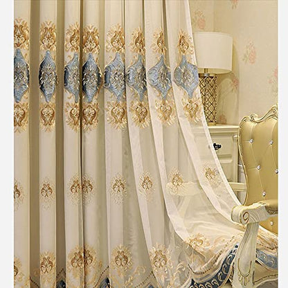 Amidoudou 1 Pair European Double Layer Curtains with Sheer Curtains for Living Room Bedroom Luxury Embroidered Blackout Curtains (Beige,52x90 Inch) - color: Beige, size: 52"W x 90"L (Pack of 2)