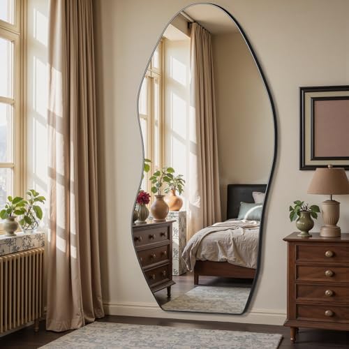 Antok Irregular Full Length Mirror, 76"x36" Asymmetrical Floor Mirror with Stand, Standing Hanging Leaning Irregular Mirrors for Bedroom Living Room Entryway, Wavy Shaped, Black - color: Black, size: 76"L x 36"W, style: Wavy Shaped Style