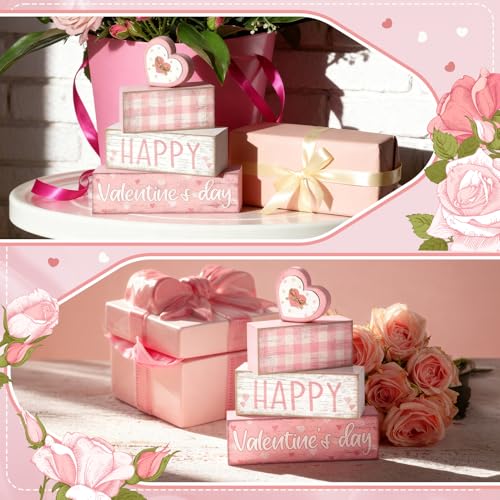 Britimes Tiered Tray Decor Set, 4 Pack, Wooden Table Sign, Pink Valentine - style: Pink Happy Valentine