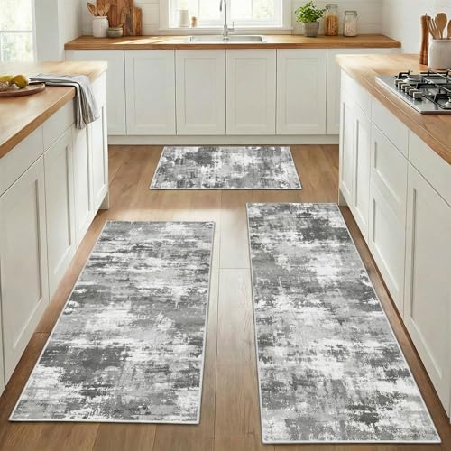 Kitchen Rugs Sets of 3 Non Slip Washable Mats for Floor, Gray - color: Grey