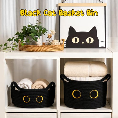 Black Cat Toy Basket for Nursery,Small Cute Cat Oval Woven Rope Basket - color: Black, size: 12"D x 5"H IN