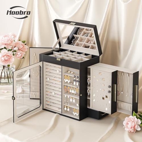 HOOBRO Jewelry Box with Mirror, Travel Jewelry Organizer with Glass Window - color: Black + Gold
