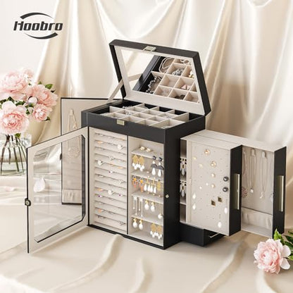 HOOBRO Jewelry Box with Mirror, Travel Jewelry Organizer with Glass Window - color: Black + Gold