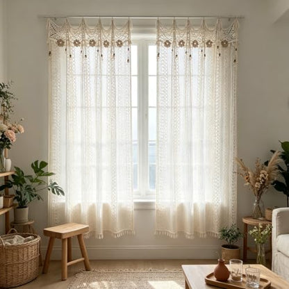Boho Crochet Lace Sheer Curtains for Living Room Doorway Entryway Window - size: 55"W x 94"L (Pack of 1)
