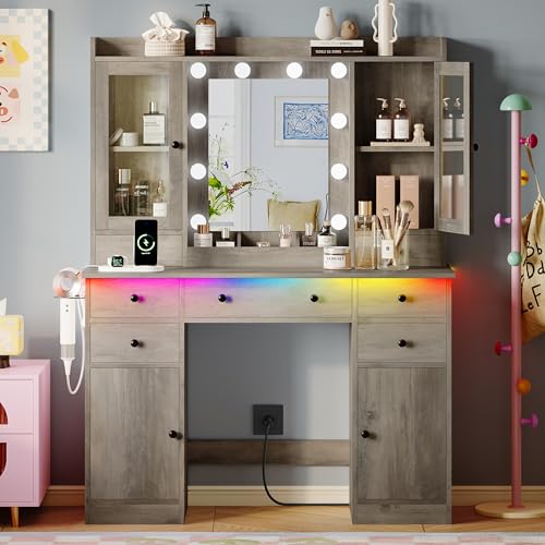 Xixini 44" Vanity Desk with Mirror & Lights, Glass Storage Cabinets, Grey - color: Grey