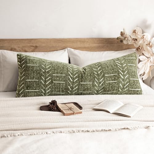 Foindtower Set of 1 Decorative Chenille Jacquard Throw Pillow Cover Textured Farmhouse Body Cushion Covers Neutral Boho Accent Home Decor for Sofa Chair Couch Bed Living Room,14×36 Inch,Olive Green - color: Olive Green, size: 36" x 14" (Pack of 1)