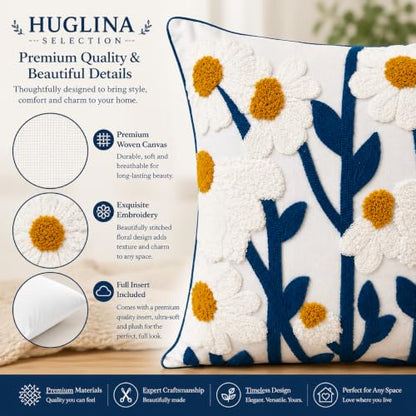 Selection Ivory White Woven Embroidered Throw Pillow, 18x18 Inch Decorative Pillow with Insert Included, Modern Blue Floral Embroidery, Hidden Zipper, Farmhouse Boho Couch Sofa Bed Pillow