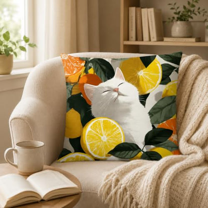 Sleeping Cat Pillow Cover 18x18 Inches, Citrus Botanical Decor - color: Lemon Cat