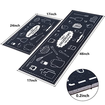 Carvapet 2 piece Washable Low Profile Runner Rug Set Kitchen Mats - color: Black Kitchenware