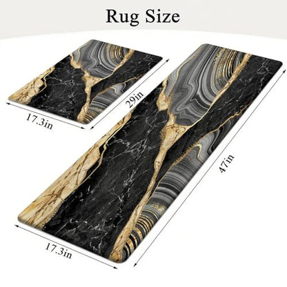 Kitchen Mats Set of 2, Cushioned Anti Fatigue Non Slip Waterproof Runner, Black Marble and Golden Veins Design, PVC Memory Foam for Kitchen Sink and Laundry - color: Black Marble