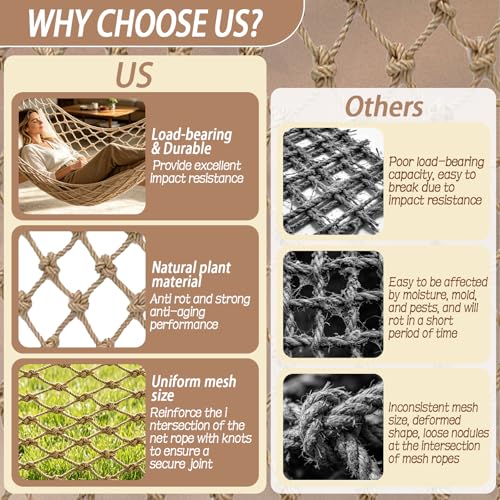Jute Hemp Rope Net, Heavy Duty Climbing Net, 0.39 in Thick Woven Natural Fiber, 3.3 ft x 6.6 ft Netting, 3.9 in Mesh for Supervised Kids Outdoor Playground, Balcony, Stairs, Garden Decor