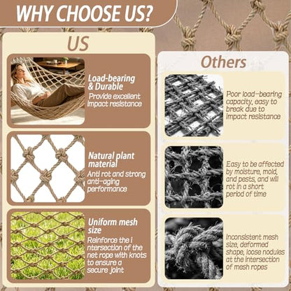 Jute Hemp Rope Net, Heavy Duty Climbing Net, 0.39 in Thick Woven Natural Fiber, 3.3 ft x 6.6 ft Netting, 3.9 in Mesh for Supervised Kids Outdoor Playground, Balcony, Stairs, Garden Decor