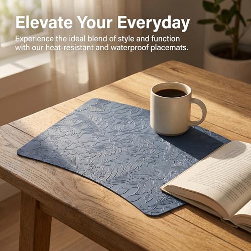 Faux Leather Set of 6, Placemats with Carving Floral Design - color: Dark Blue