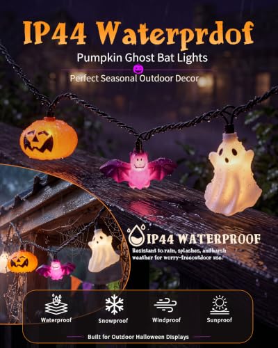 8.5FT Halloween Pumpkin Bat Ghost Lights, Plug-in 10 LED Decor - color: Pumpkin Ghost Bat Lights