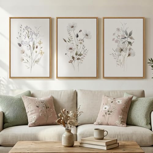 Framed 3 Piece Neutral Floral Botanical Wall Art for Living Room, 16x24 In - color: Soft Neutral, size: 16" W x 24" H x 3Pcs