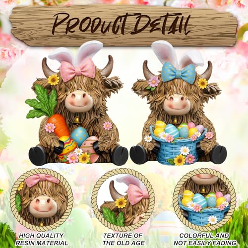 2 Pack Easter Highland Cow Figurine Decor, Resin Easter Decor - style: Easter