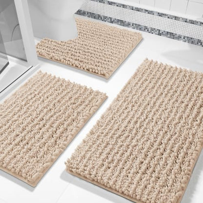 Yimobra Bathroom Rug Set 3 Piece, Super Water Absorbent Bath Mat Set, Beige - color: Beige, size: 24"x17" + 24"x20" + 30"x20"