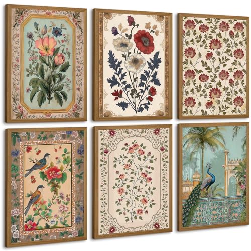 Indian Wall Art Vintage Floral Canvas Poster India Wall Decor Folk Flower Prints Scandinavian Pictures Antique Botanical Painting Gallery Artwork for Bedroom Living Room 8x10x6 Inch Wood Framed - color: Indian Floral Prints, size: 8"x10" Framed