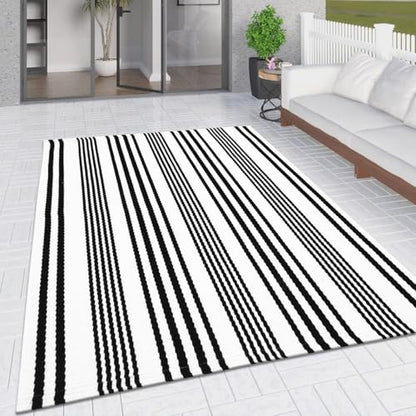 LEEVAN 5'X8' Black and White Striped Woven Cotton Reversible Outdoor Rug - color: 1white Strip, size: 5 x 8 Feet