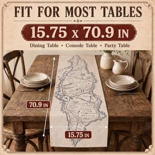 Preboun Retro Earth Map Linen Table Runner, Halloween Medieval Decor - style: Retro Fantasy Map