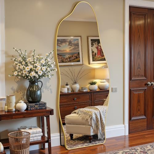 Antok Irregular Full Length Mirror, 68"x26" Asymmetrical Floor Mirror with Stand, Standing Hanging Leaning Irregular Mirrors for Bedroom Living Room Entryway, Cloud Shaped, Golden - color: Gold, size: 68"L x 26"W, style: Cloud Shaped Style